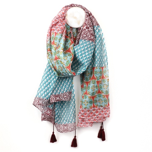 Organic Cotton Red & Blue Multi Print Scarf by Peace of Mind